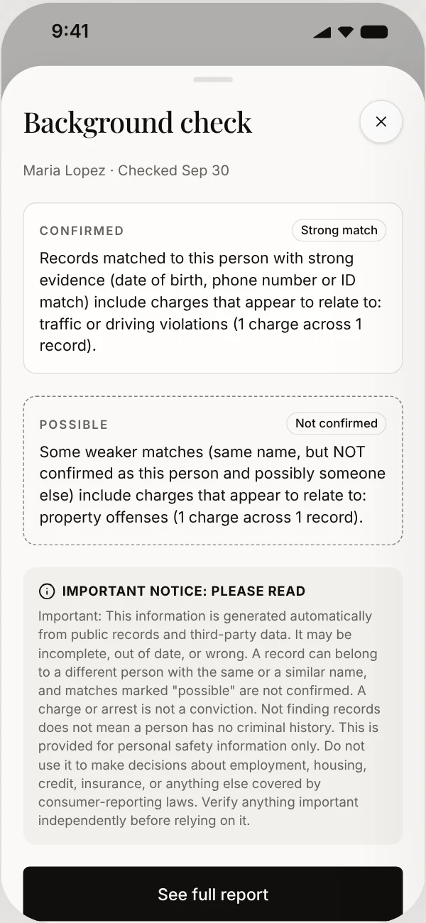 Background check summary on a lead