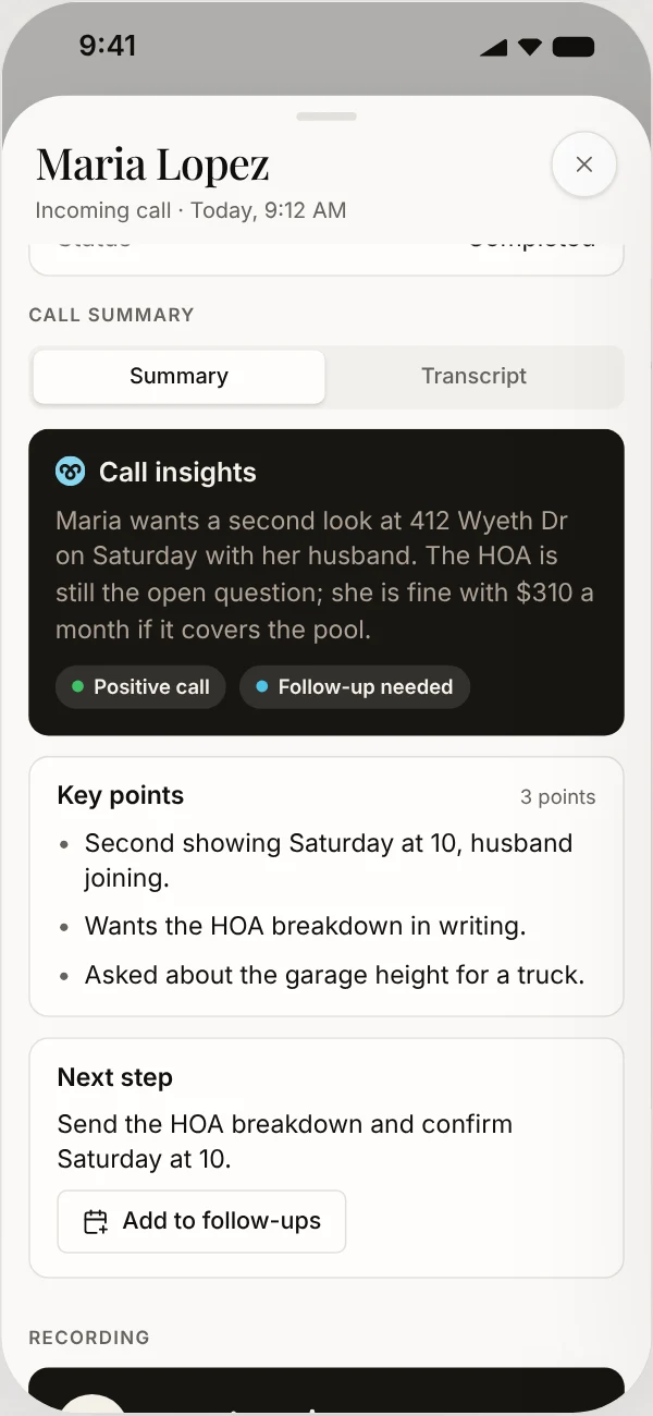 Call summary with key points and next step