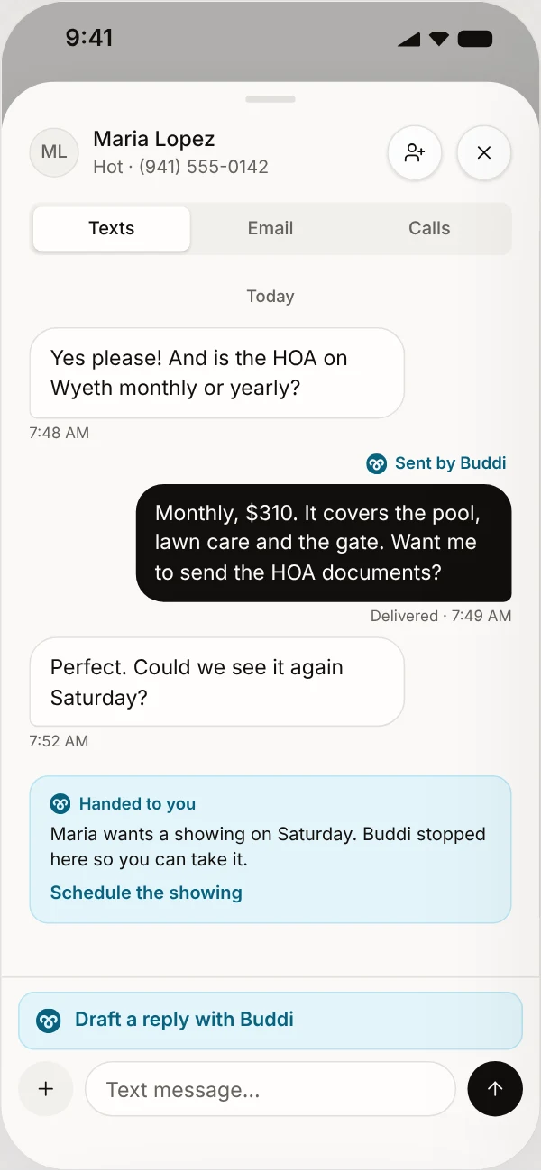 Text thread where Buddi answered and handed over