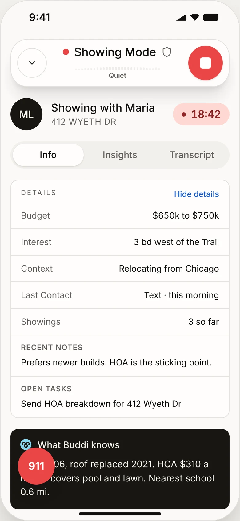 Info tab: client details, recent notes, open tasks and What Buddi knows