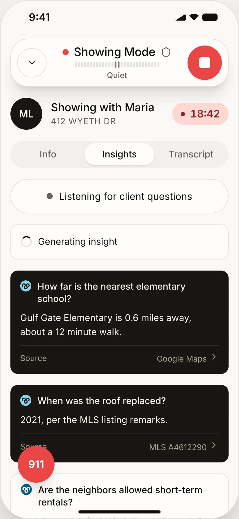 Insights tab with answers and their sources