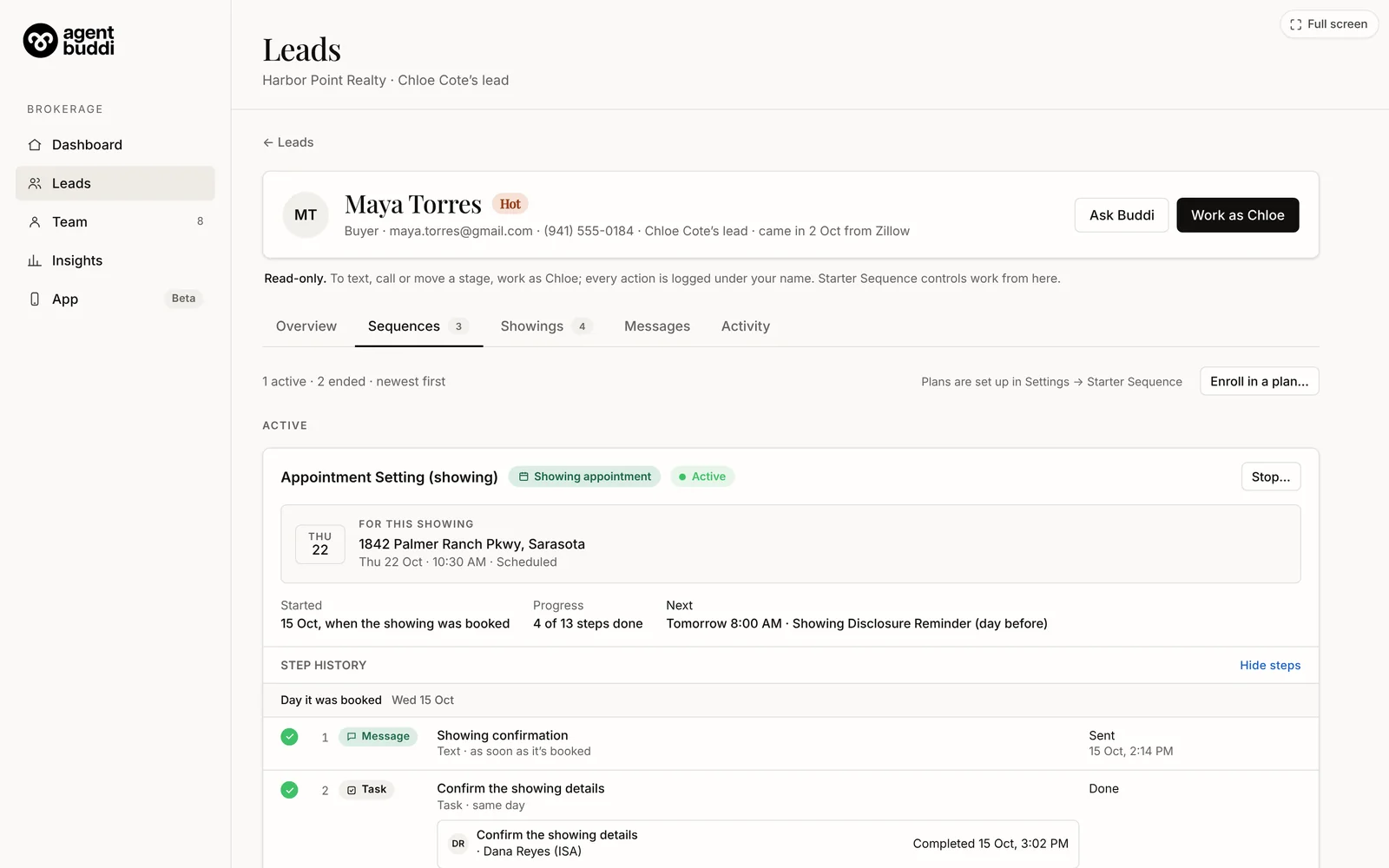 A lead’s Sequences tab: the showing plan with its showing, steps done and the next step, step history by day, and two ended plans