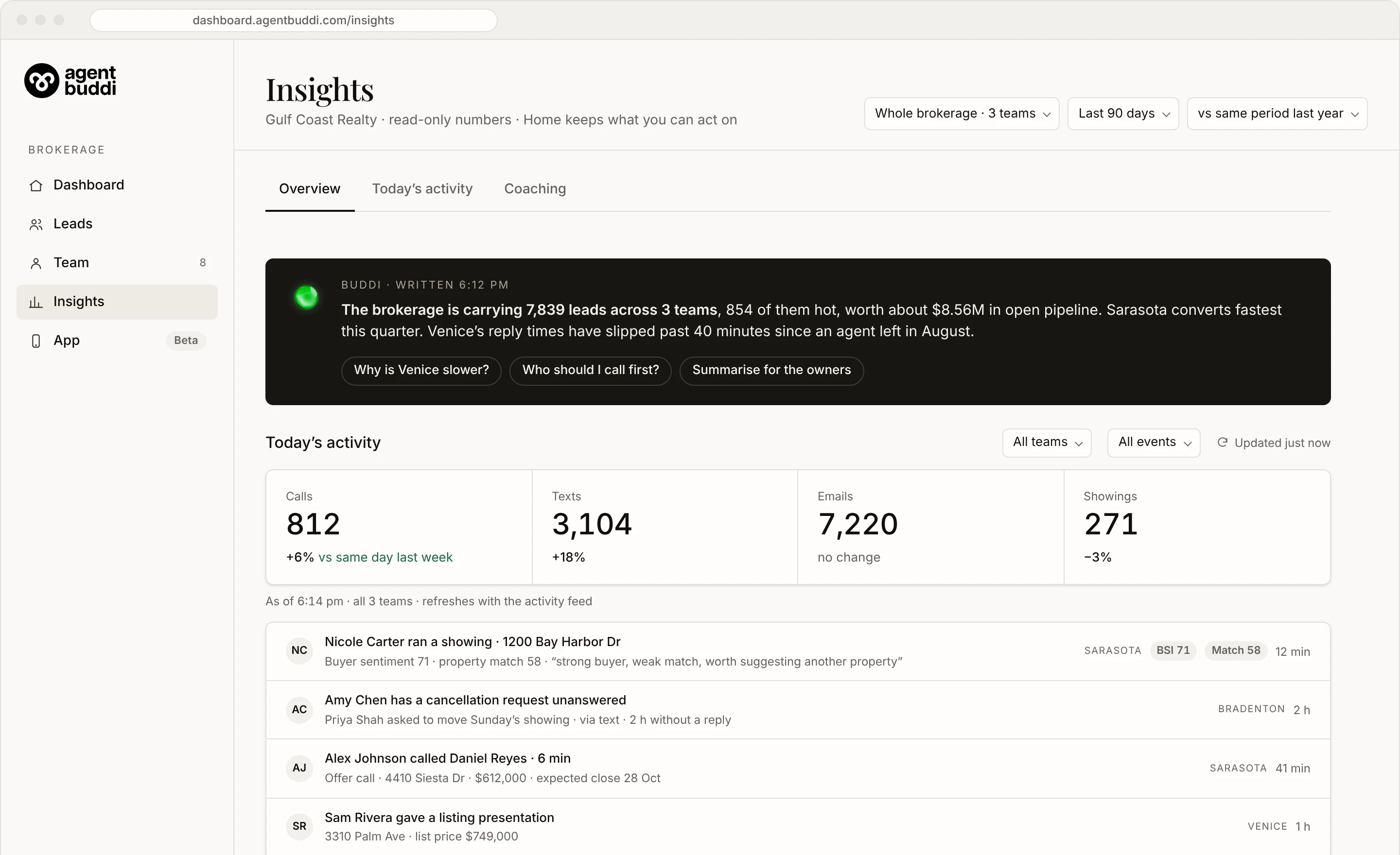Buddi Insights overview for a brokerage