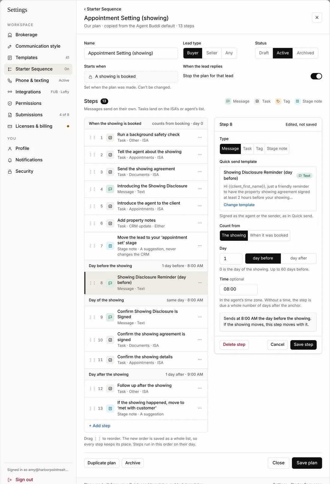 The plan builder with steps grouped by day