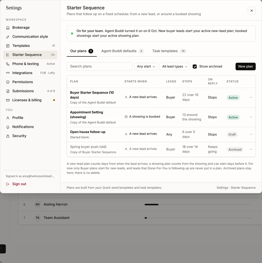 The team’s plans in Settings: a new lead plan and a showing plan, active, with a draft and an archived plan