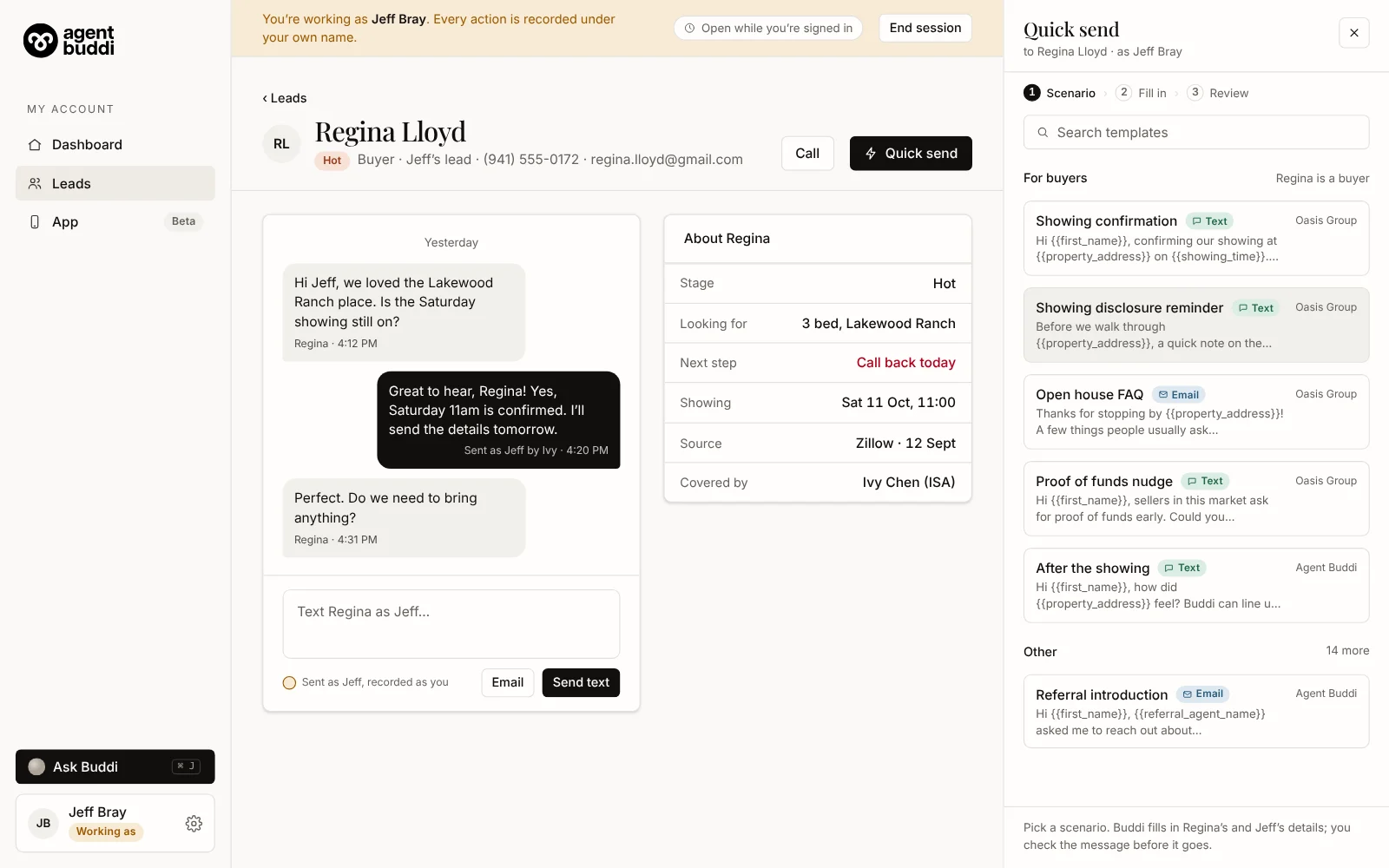 Quick send, step one: templates grouped for a buyer lead