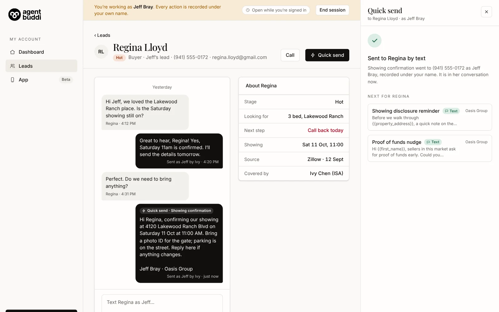The sent message in the conversation, tagged Quick send, sent as the agent by the ISA