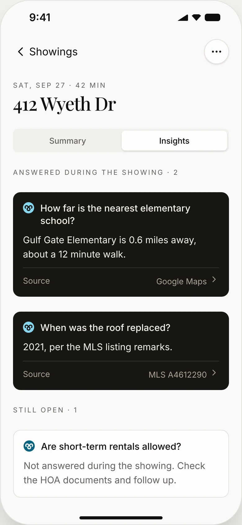 Showing summary, Insights tab: answered during the showing and still open