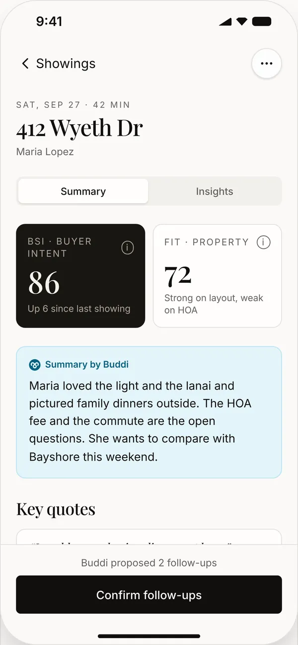 Summary tab: Buyer Sentiment Index, Buddi’s summary and key quotes