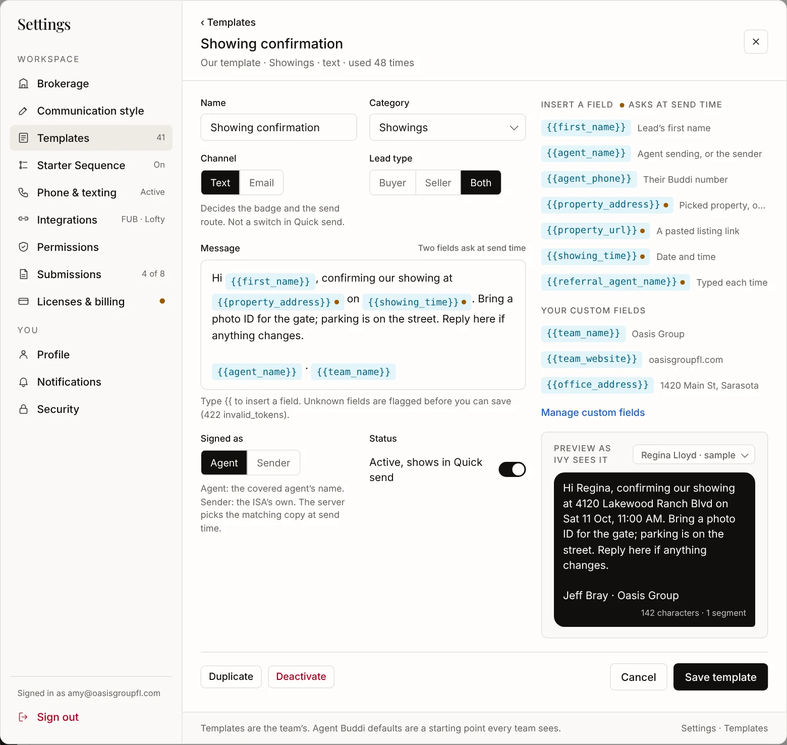 The template editor with merge fields, a preview and the team’s custom fields