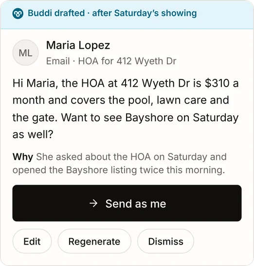 Buddi’s draft email to Maria about the HOA, with the reason it was written