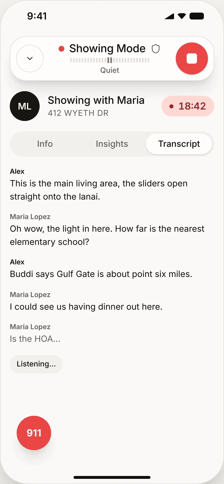 Transcript tab with the conversation so far